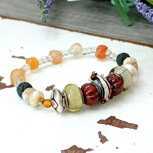 Boho Chic Statement Beaded Stretch Bracelet, Agate Gemstone Stackable OOAK - Picture 3 of 4
